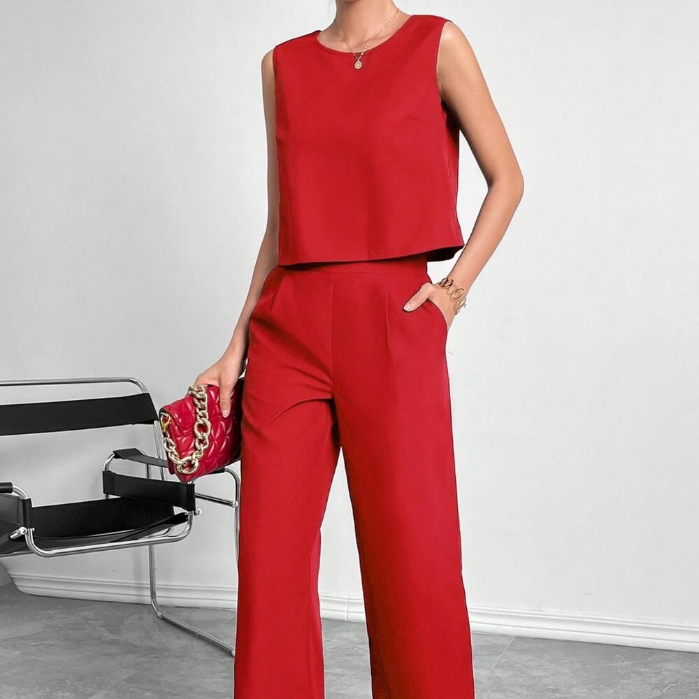 Round Neck Sleeveless Top Wide Leg Pants Two-piece Set